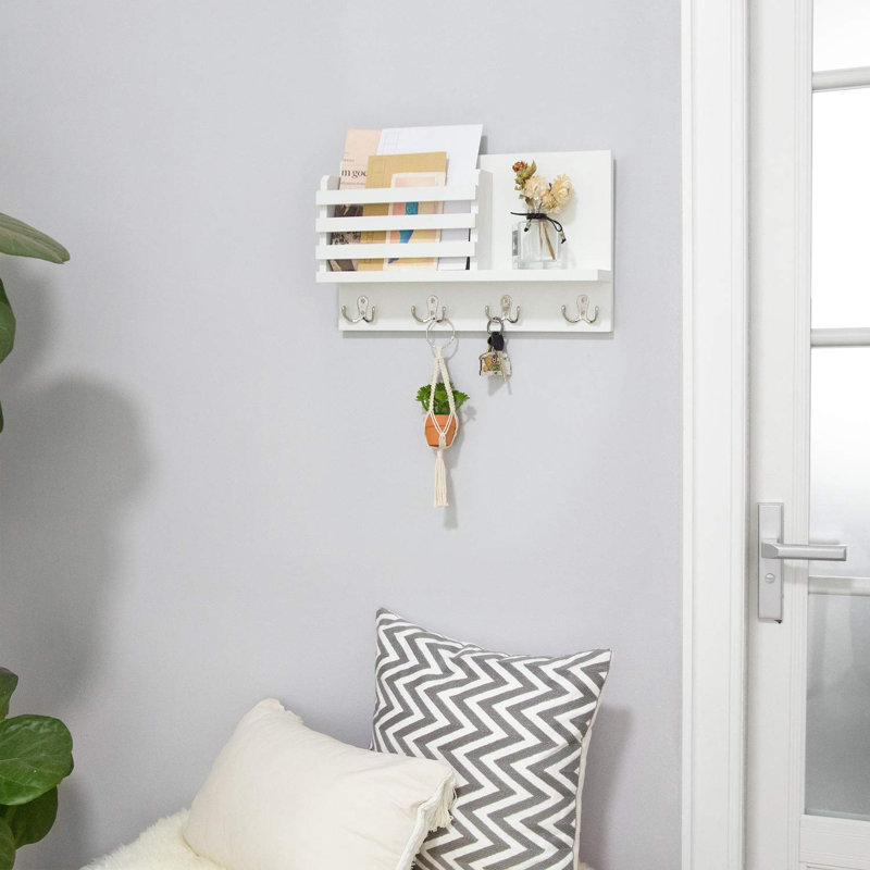 Porte-courrier mural en bois avec porte-clés et porte-clés avec 4 crochets à clés doubles et une tablette flottante, Blanc