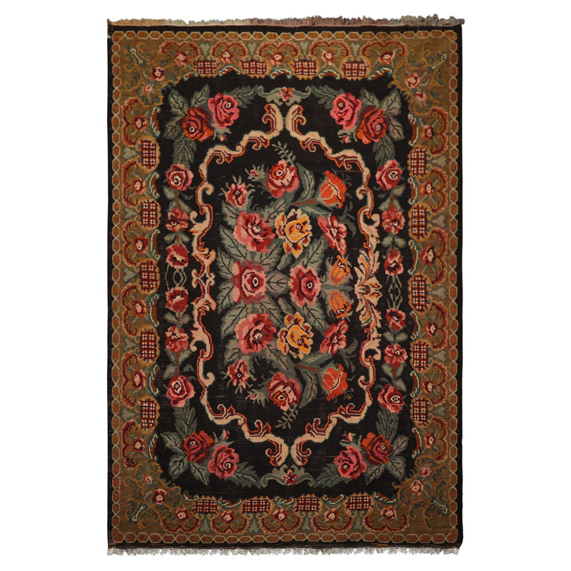 Tapis botanique gris anthracite en laine tissé à la main 6 pi 9 po x 10 pi 11 po