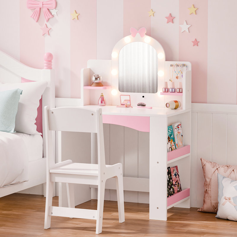 Coiffeuse pour enfants avec lumières, bureau de coiffeuse avec bibliothèque ouverte Princess, Blanc