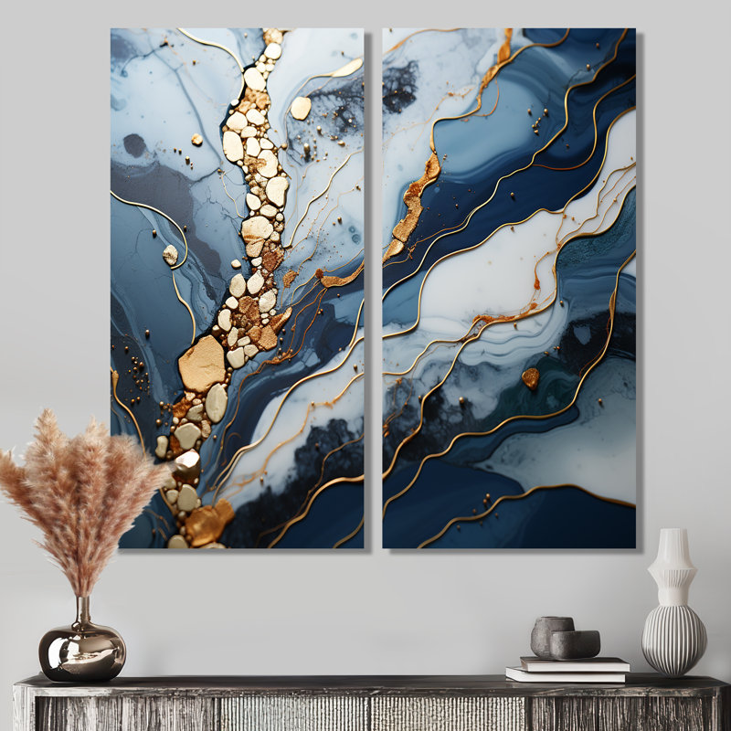 Bleu et or rivière de marbre II - décoration murale moderne, H 20 po x l 24 po, Toile tendue, Ne s’applique pas