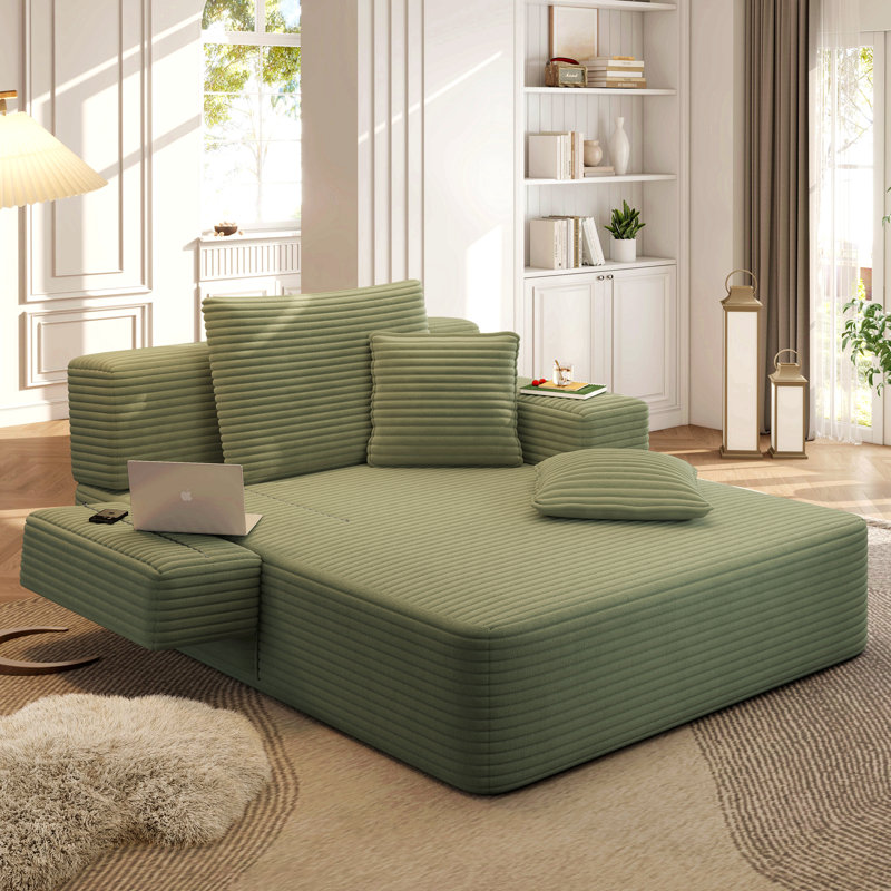 Luxueuse chaise longue en velours côtelé moelleux avec 3 coussins, canapé-lit convertible avec pochette de rangement, conception sans cadre et mousse à compression pour les petits espaces, salon, appartement, vert