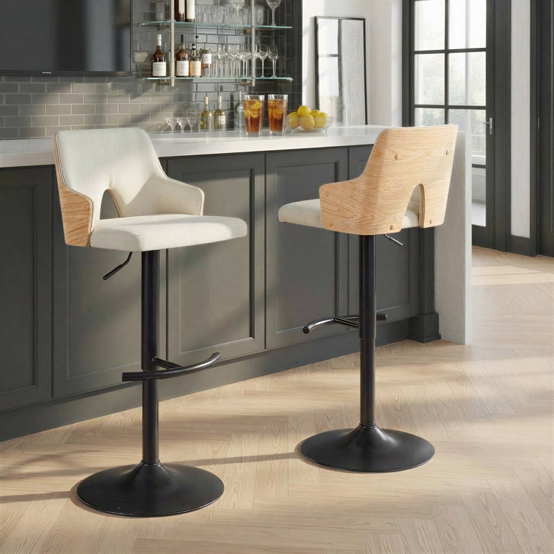 Tabouret de bar ajustable avec repose-pieds arrondi Saltram (ensemble de 2), Crème, Noir / bois naturel