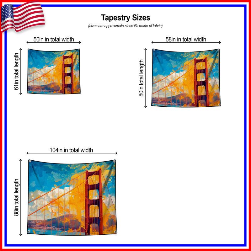 Tapisserie murale Golden Gate Bridge, 68in H x80in W with 4 Grommets