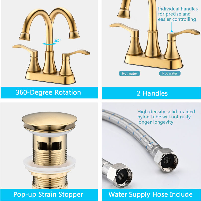 4" Bathroom Faucet In Brushed Gold Finish, 360 Swivel Spout With Pop-Up Drain, Strong Metal, , , Rust-, Water Saving Feature, Drip- Ceramic Disc, Graceful Double Handles, 1.8 Gpm Flow 4 Inches Sink