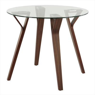 35-Inch Round 4-Person Dinette Table, Mid-Century Modern, Walnut Wood with Clear Tempered Glass Top