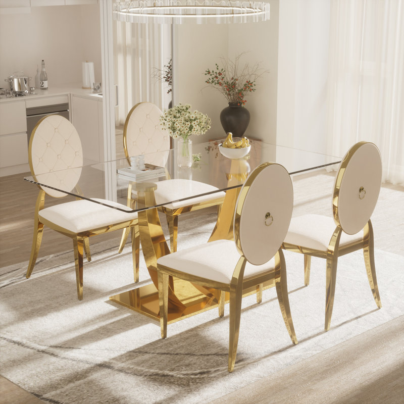 Ensemble de table de salle à manger rectangulaire en verre trempé avec fauteuil Luxtry, Beige, Doré, 5