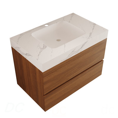 Meuble-lavabo flottant moderne 29,9 po avec comptoir en faux marbre et lavabo encastré en céramique, fixé au mur pour les petites salles de bain et les appartements