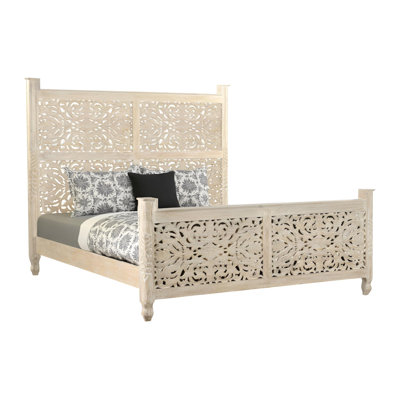 Ashford White Carved Floral Distressed Solid Wood King Bed Frame — King, White
