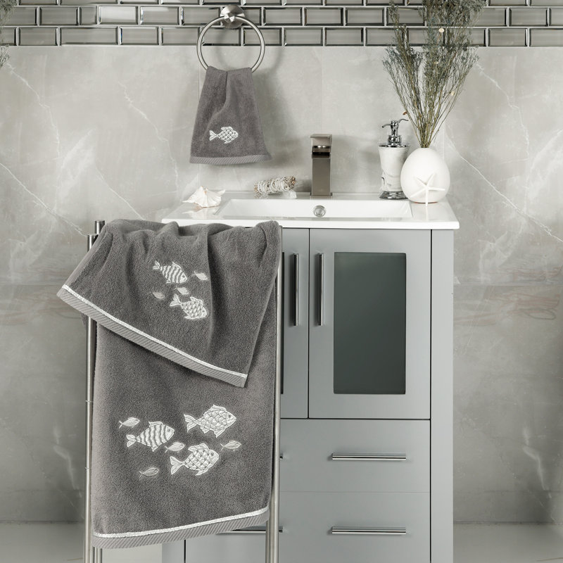 FIGI 2PC Embellished Hand Towel Set Turkish Cotton Hand Towel, Charcoal