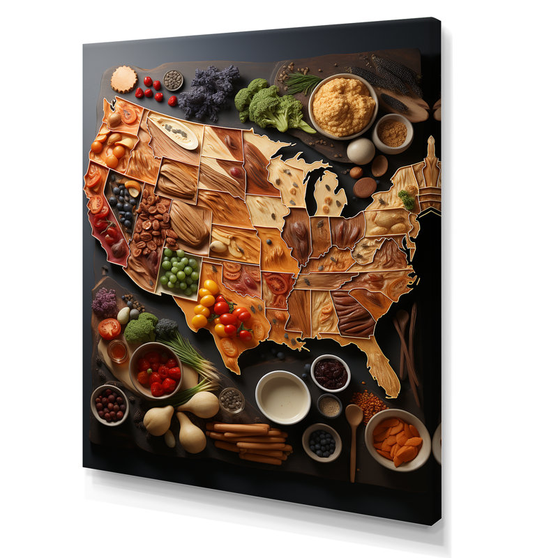 Culinary Cartography - USA Map Wall Decor, Wrapped Canvas, 44" H x 34" W x 1.5" D