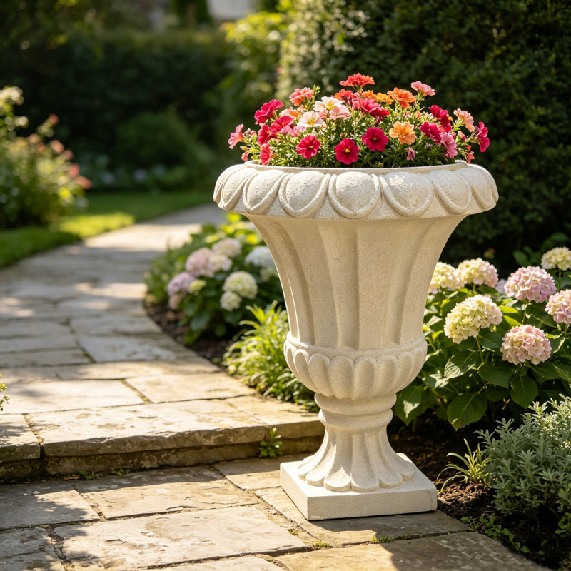 Grand pot de fleurs vertical cannelé en résine, de style romain, avec base carrée sur piédestal, vase décoratif à texture grès blanc cassé pour la décoration intérieure et extérieure (porche, terrasse, jardin).