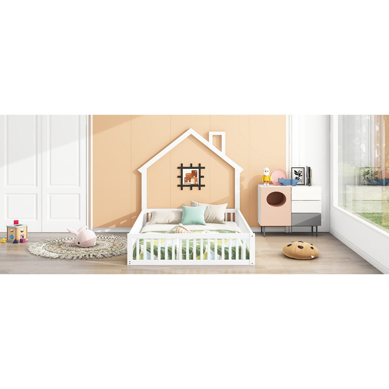 Lit de garde-corps double en bois blanc - Plateforme en forme de maison fonctionnelle avec taille, chaud
