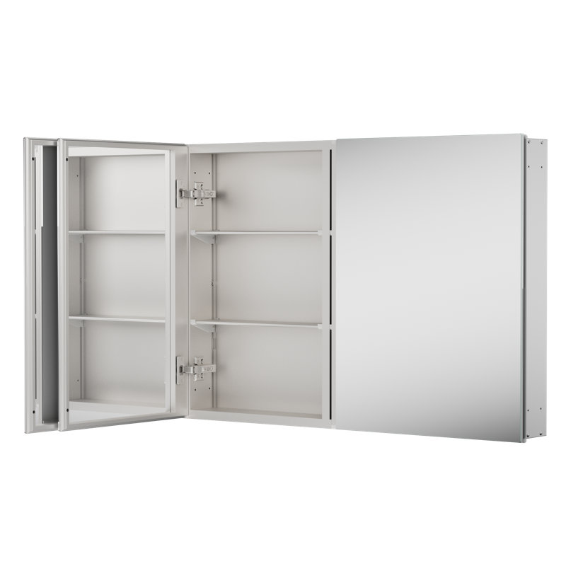 Armoire à pharmacie encastrée ou à fixation en surface sans cadre avec porte à miroir double face et tablettes réglables