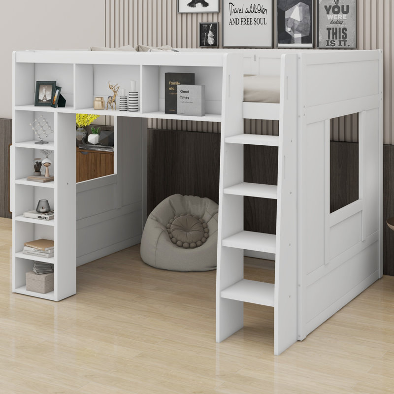 Space-Saving Wooden Loft Bed With Built-In Shelves, White
