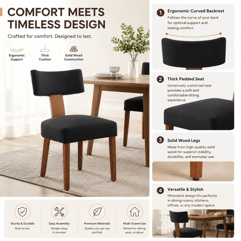 Heritage Upholstered Dining Chairs,Solid Wood Side Chairs with Curved Backrest for Dining Room,Black, Black, 4