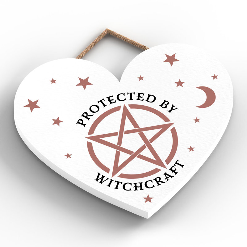Protected by Witchcraft Wooden Heart Plaque, White, 16cm H x 17cm W x 0.9cm D