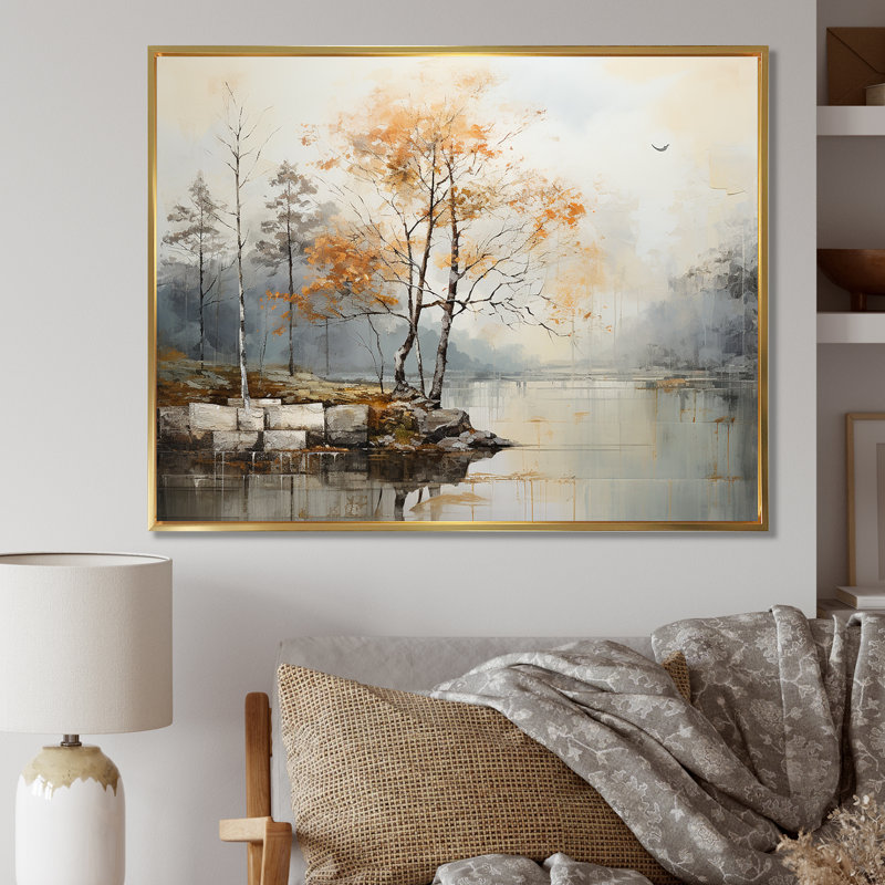 Gris, minimalisme, rivière calme, forêt I - paysage abstrait, art mural sur toile, Cadre photo argenté, H 24 po x l 32 po