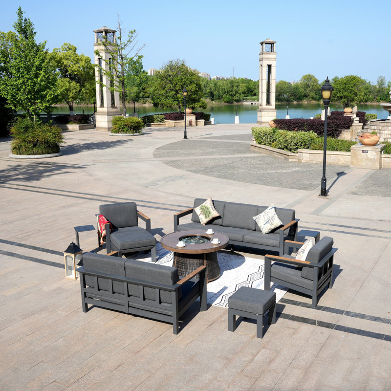 9 - Person Patio Conversation Set with Cushions, Black/Brown