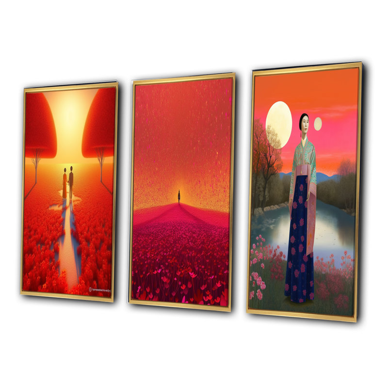 «Walking In The Summer Poppie Fields», ensemble de 3 pièces sur toile, Encadrement doré, H 48 po x l 32 po