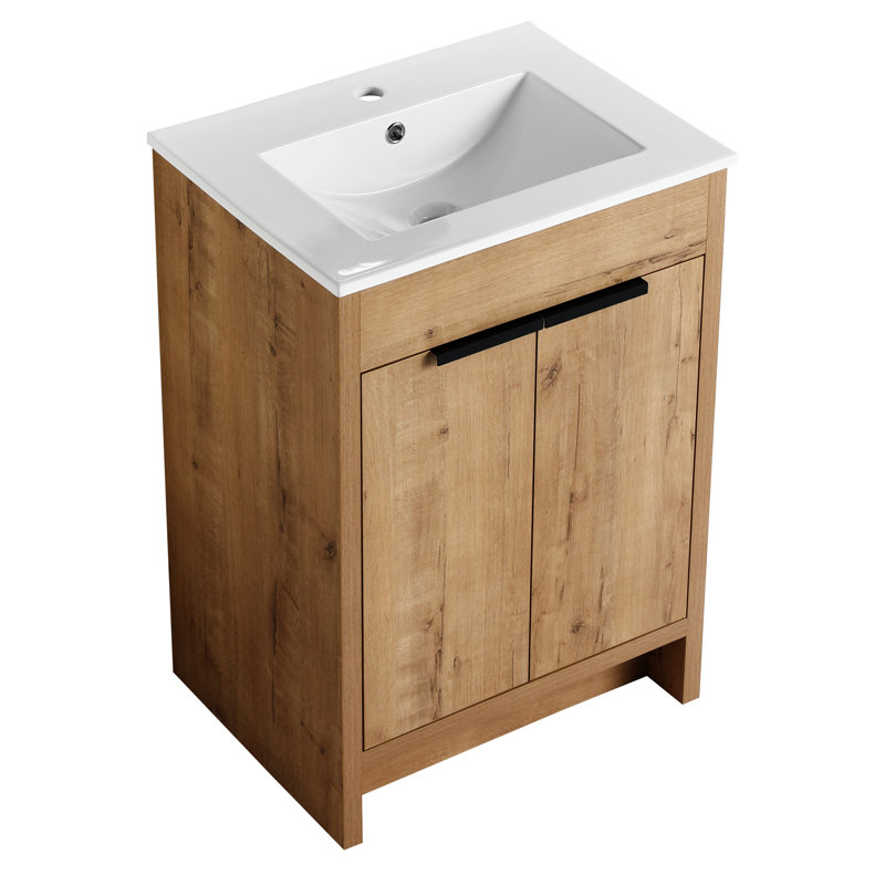 Ensemble de meuble-lavabo autoportant Katre avec lavabo en céramique blanche et 2 portes d'armoire à fermeture en douceur Katre
