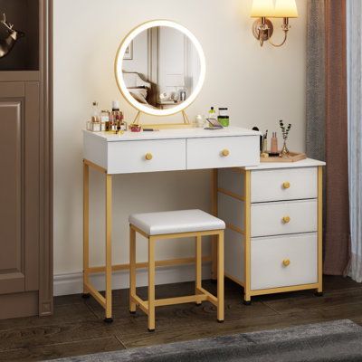 Bureau de coiffeuse avec miroir lumineux / tabouret / 5 tiroirs