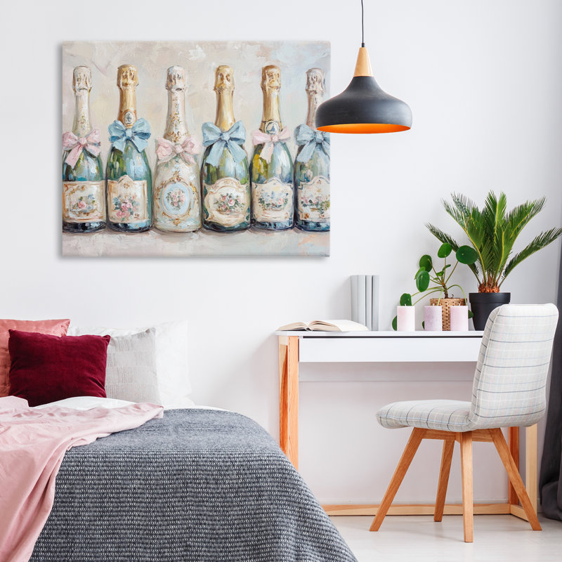 Toile Victorian Bow Champagne Bottles, design par Petal Prints Design, H 24 po x l 30 po