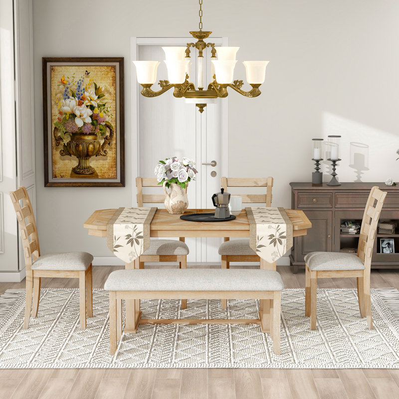 Sarinity 6 - Piece Dining Set, with Bench, Parquet-Pattern Wood Table & Upholstered Seating, Farmhouse Style, Dining Room, Seat up to 6