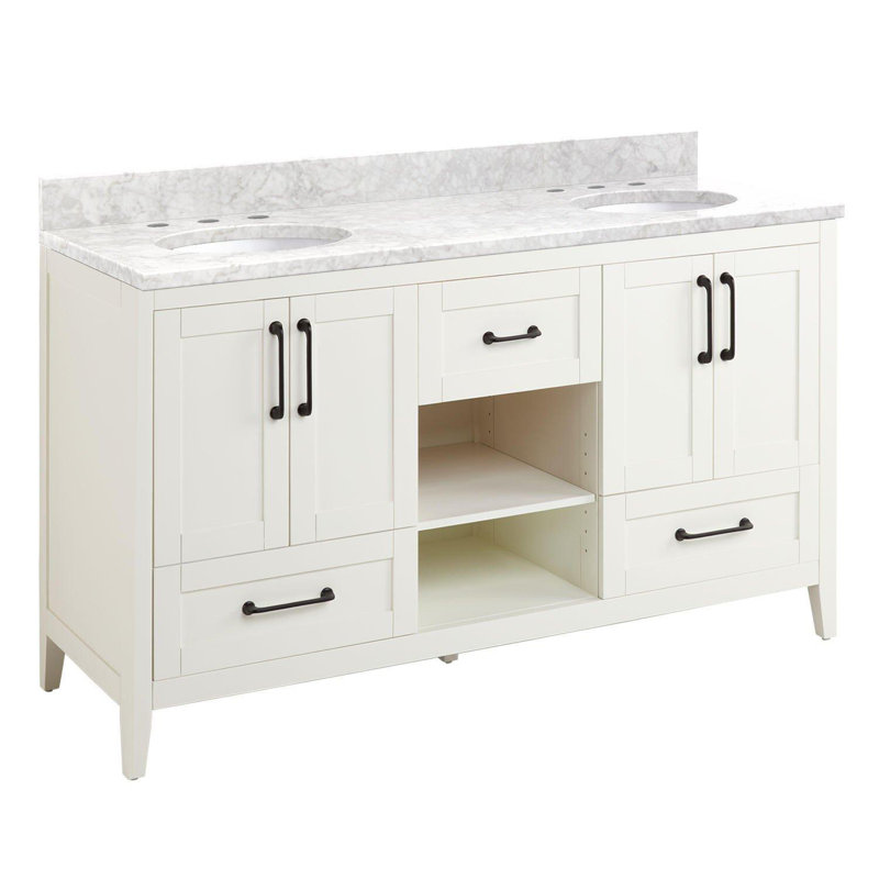 60" Burfield Double Bathroom Vanity Set with Oval Undermount Sinks, Carrara Marble, 8" Widespread, Natural Bamboo