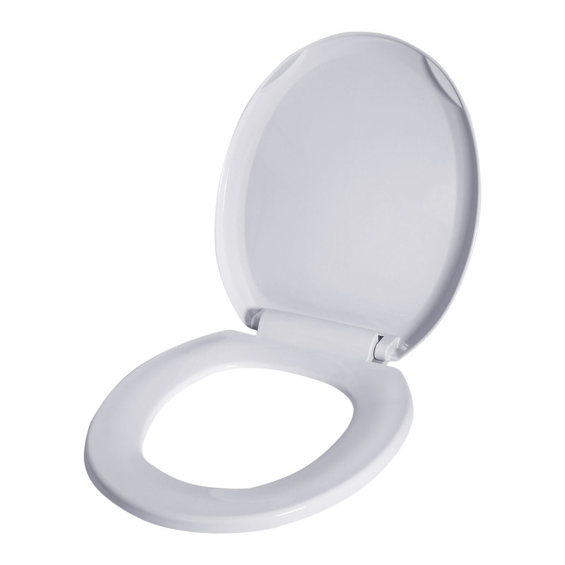 Round Toilet Seat with Adjustable Hinges in White Plastic, Standard Size Fit, White