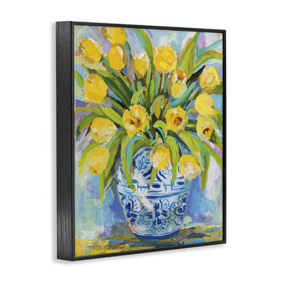 Expressive Yellow Tulips In Ornate Blue Vase Painting by Jeanette Vertentes - Painting