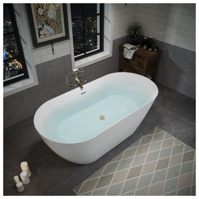Baignoire autoportante en acrylique blanc brillant de 140 cm (55 po) avec bonde rétractable doré brossé et trop-plein intégré