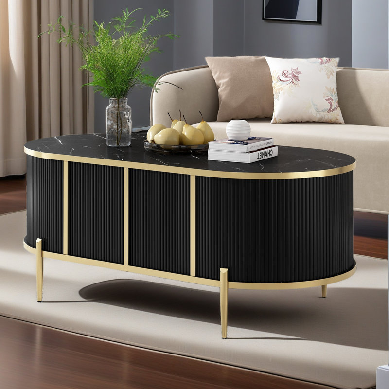 Table basse cannelée ovale de luxe moderne, table basse à dessus en marbre avec 2 armoires, pieds et poignées en métal pour le salon