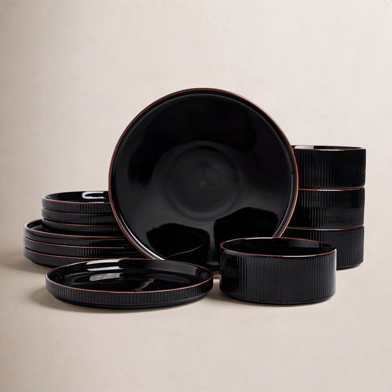 12-Piece Porcelain Dinnerware Set, Glossy Black