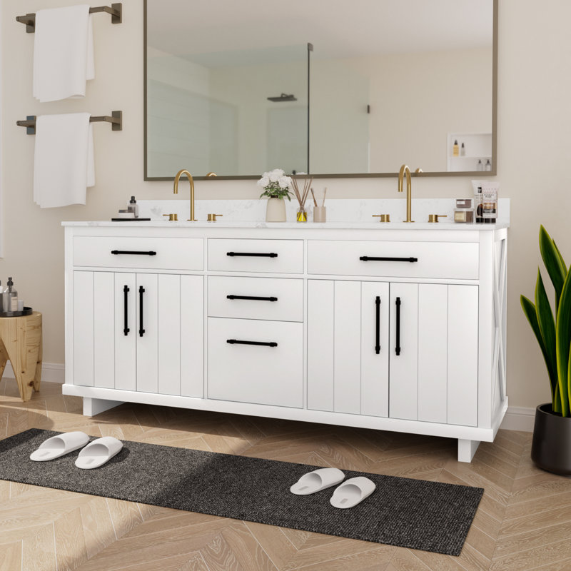 Meuble-lavabo double 72 po avec comptoir en faux marbre et lavabo en céramique, Blanc