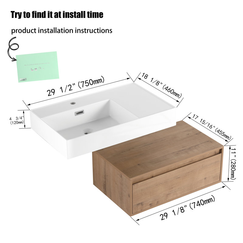 Meuble-lavabo mural simple de 30 po avec comptoir en résine