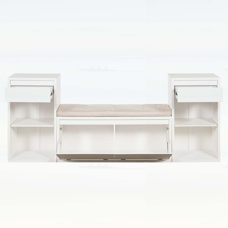 Banc de rangement pour hall d'entrée avec coussin, compartiments, tiroirs et tablettes ouvertes, Blanc