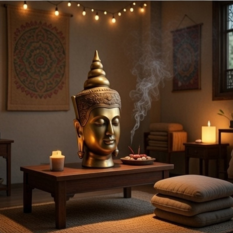 Sculpture de tête de bouddha Pilu, décor de table méditatif, bronze 14 pouces, H 14,2 po x l 7,5 po x P 6,3 po