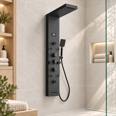 52 Inch Shower Panel Tower System, Stainless Steel 6-Way Diverter with Rainfall Shower Head, Body Massage Jets, Handheld Wand & Digital Temperature Monitor