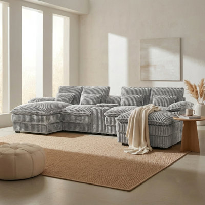 125" Oversized U-Shaped Modular Sectional Sofa with Center Console Coffee Table, USB Ports & 4 Toss Pillows for Living Room Apartment, Gray