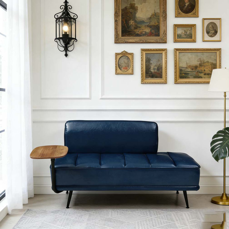 Banc de bout moderne de 55 po de large avec revêtement en similicuir et table d'appoint, Bleu