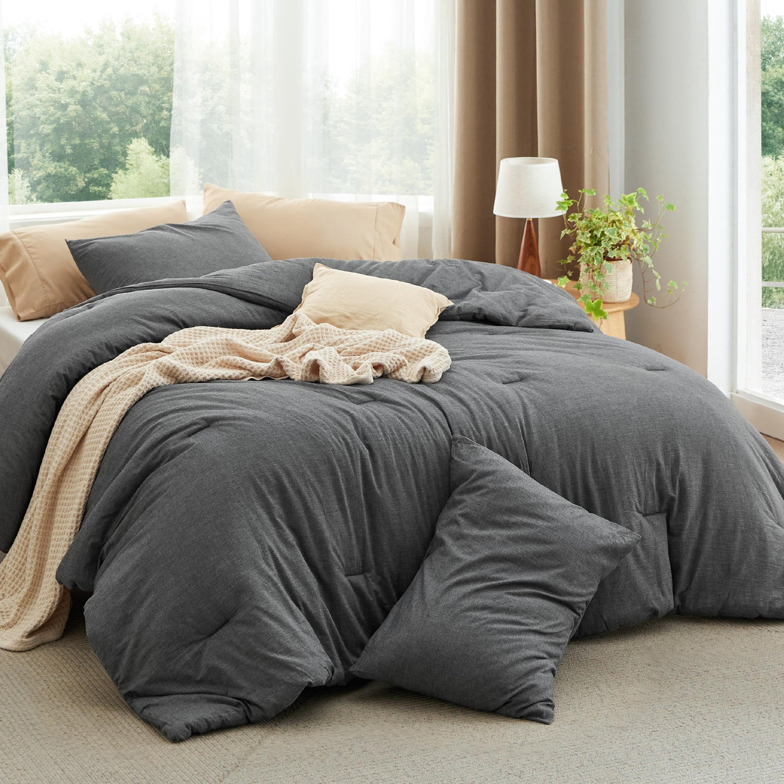 Pre-Washed Cotton Comforter Set, Queen Comforter + 2 Additional Pieces, Quiet Shade
