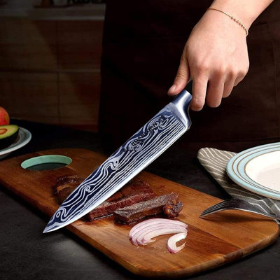 Knife Set,7‑Piece Damascus‑Style Kitchen Knife Set with Block, Built‑in Sharpener, Professional Stainless Steel for Home Cooks