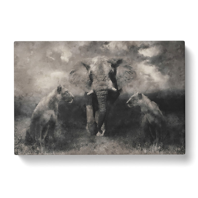 Elephant With Lions - Wrapped Canvas Print, 40cm H x 60cm W x 3cm D