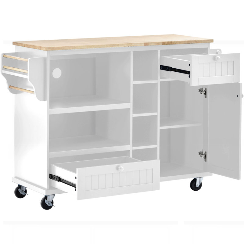 Chariot pour îlot de cuisine avec armoire de rangement et deux roues verrouillables, Blanc