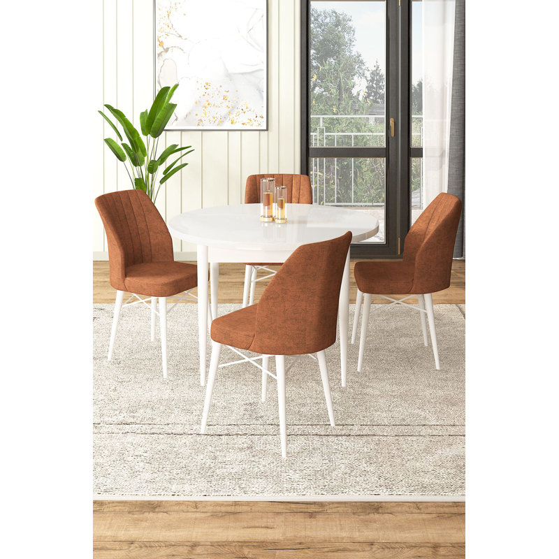 Ensemble de table et chaises de salle à manger moderne 5 pièces, blanc et rouge tuile | Table de salle à manger: 35,4 po x 29,5 po x 35,4 po | Panneau de particules 100% mélaminé, pieds en bois, structure de chaise en métal, sièges en mousse confortables, design élégant et fonctionnel
