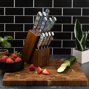 NANFANG BROTHERS Kitchen Damascus Knife Set, 12-Piece Kitchen Knife Set  with Natural Wood Block, Non-slip ABS Ergonomic Triple Rivet Handle,  Sharpener