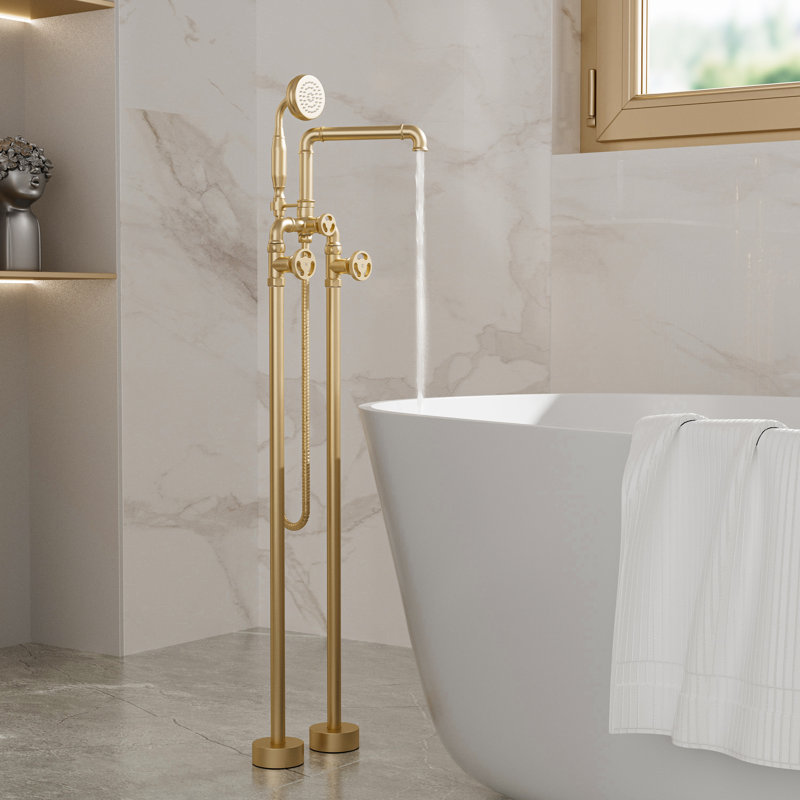 3 Handle Floor Clawfoot Tub Faucet with Diverter, Brushed Gold