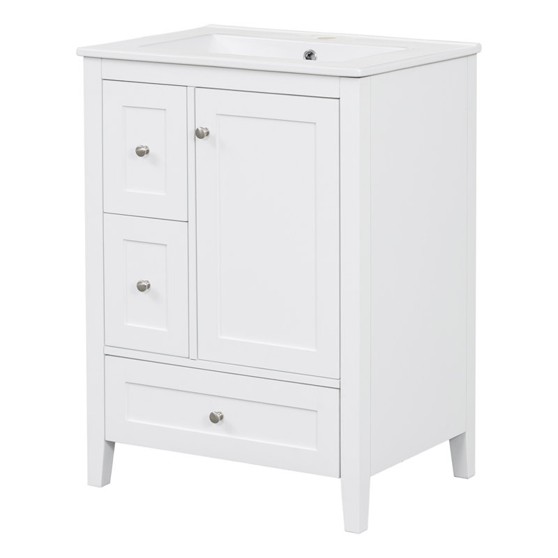 24-Inch Bathroom Vanity with Storage, Adjustable Shelf, MDF & Rubberwood, Removable Dividers, White