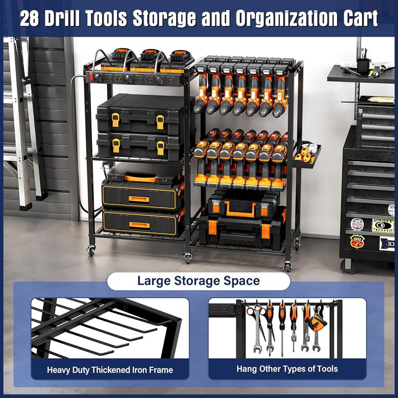 Chariot de rangement pour outils avec barre d'alimentation de charge - Support de rangement pour le garage avec roulettes d'une capacité de 28 trous - Station de rangement robuste pour outils - Cadeau pour hommes et papas
