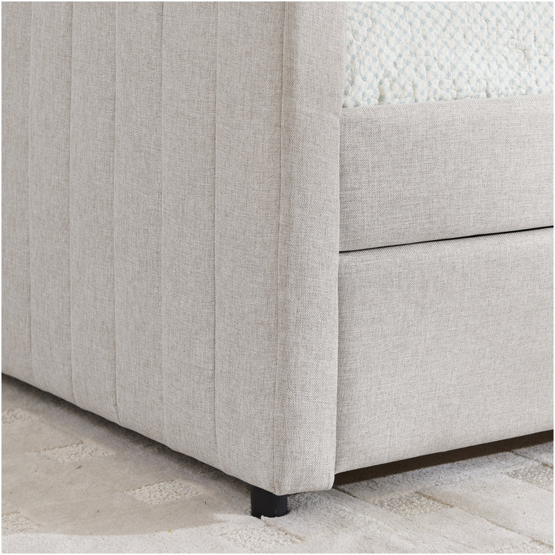 Lit de jour double avec canapé-lit rembourré, avec rayures verticales, tissu en lin, beige